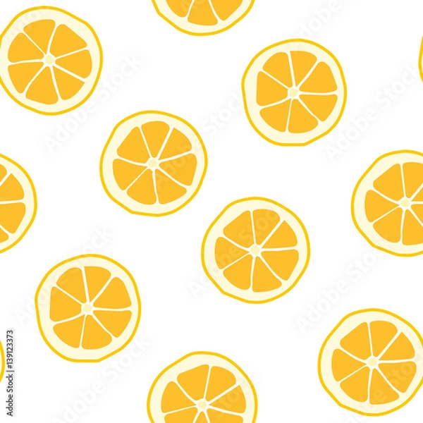 Fototapeta Vector pattern of colored hand drawn fruit icons. Doodle set of different cut fruits. Healthy food. Exotic fruits. 