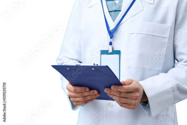 Obraz A healthcare professional stands holding a clipboard while wearing a lab coat and badge, isolated on white, PNG