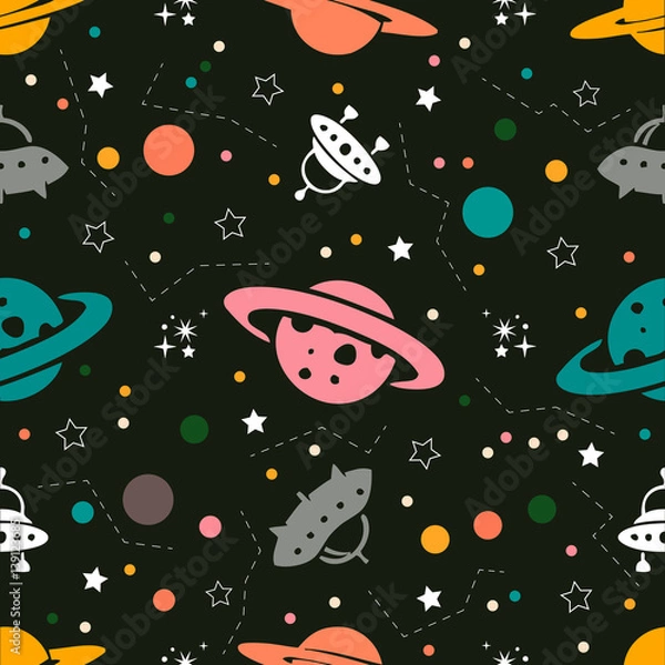 Fototapeta Seamless colorful space pattern from Planets, rockets and stars