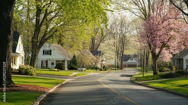 Fototapeta Quiet residential street in springtime with flowering trees in bloom