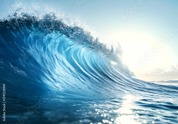 Fototapeta A breathtaking wave crashing against the shore, showcasing the beauty and power of nature under a clear blue sky.