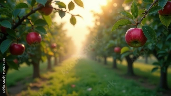 Obraz Golden Hour in the Orchard Rows of apple trees laden with ripe, red fruit bathed in the warm glow of the setting sun, creating a picturesque autumnal scene.