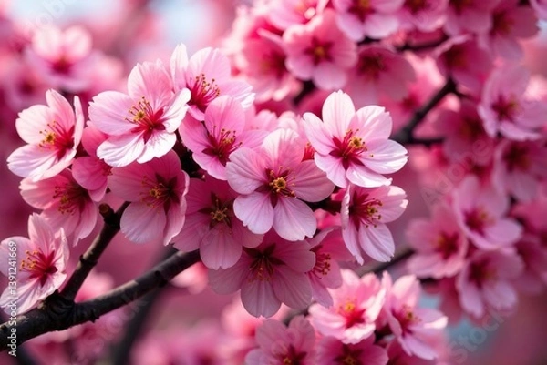 Fototapeta Bold pink sakura blossoms, densely packed repeating pattern, saturated, petals