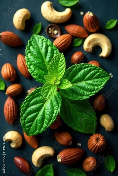 Obraz A vibrant sprig of fresh mint nestled amongst a variety of assorted nuts, showcasing a delightful contrast of textures and colors
