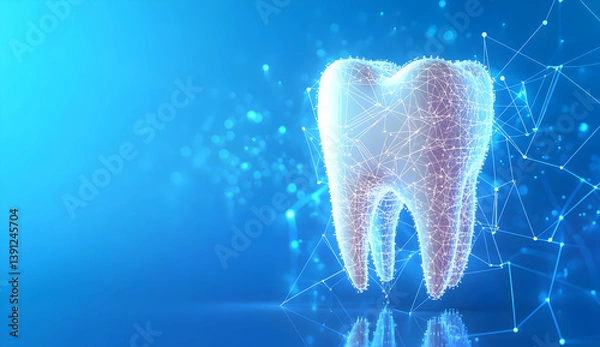 Fototapeta A digital graphic of a human tooth on a blue background, showcasing health and dental care through modern technology and innovation.