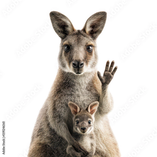 Fototapeta Kangaroo with joey waving hello in a natural setting wildlife photography australia