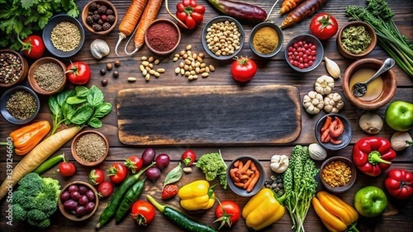 Fototapeta Vibrant Vegetable Variety on a Wooden Table: An array of colorful, fresh vegetables and herbs artistically arranged on a rustic wooden table, offering a healthy and appetizing visual.