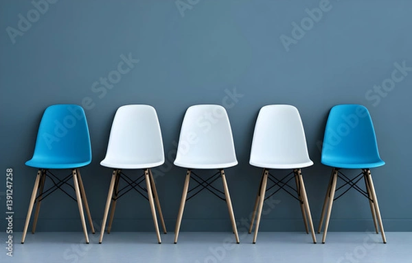 Fototapeta Stylish row of modern chairs against a minimalist wall, showcasing contemporary design and aesthetic appeal.