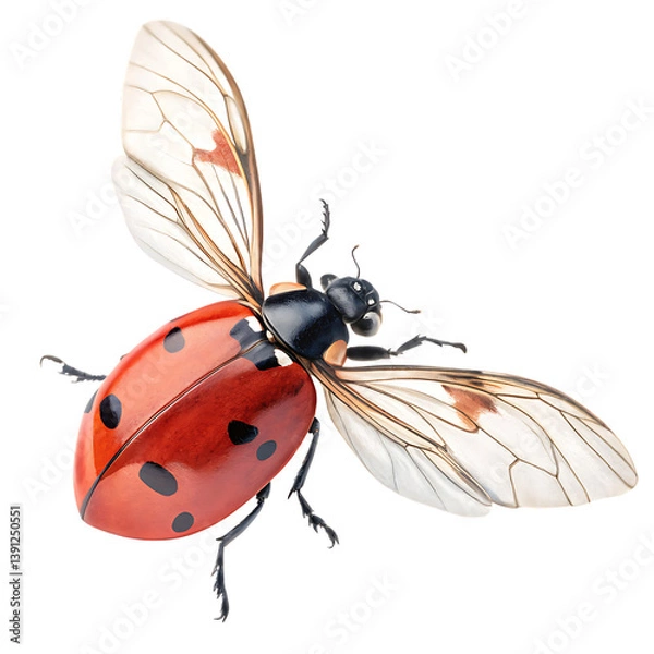 Fototapeta Top down perspective of a ladybug flying in motion with wings spread over a natural background
