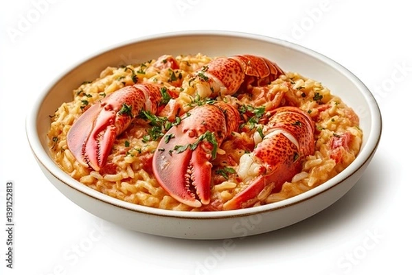 Fototapeta A realistic photo of Garlic Butter Lobster Risotto, hyper-realistic, isolated on white