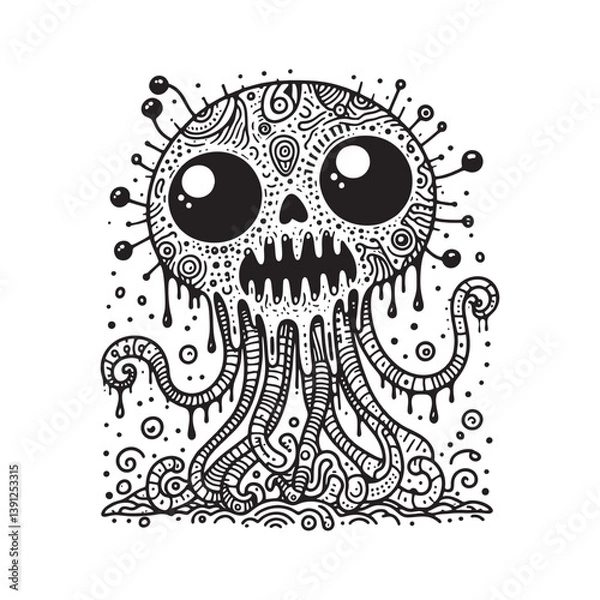 Fototapeta A creepy alien skull with a tree-like body, dripping slime, and a menacing grin.