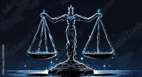 Obraz Black and white scales of justice symbol glowing in the dark anime cartoon style illustration artwork design background