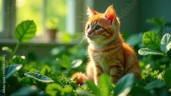 Fototapeta A ginger kitten amidst lush green foliage, bathed in sunlight, gazes thoughtfully into the distance, a serene moment captured in nature's embrace.