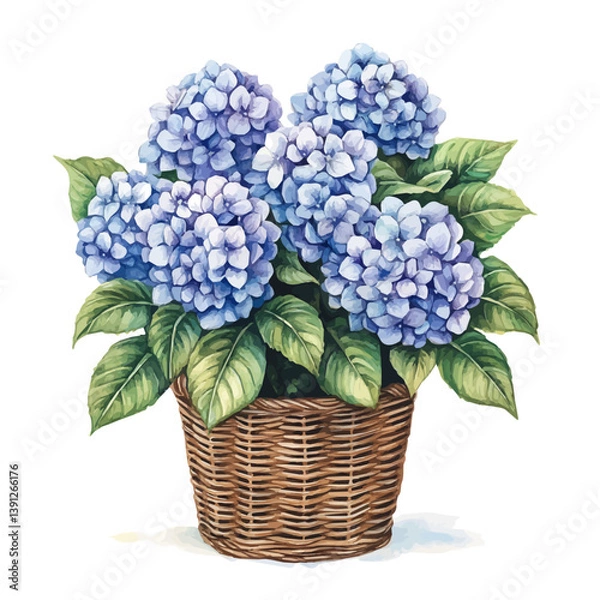 Obraz Hydrangea bouquet in a basket, watercolor illustration, isolated on a white background.

