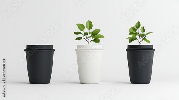 Fototapeta Two black and one white disposable coffee cups with small green plants sprouting from the center cup on a white background.