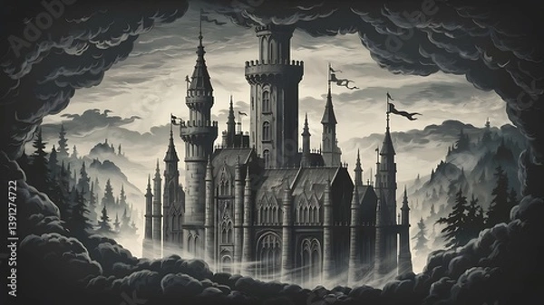 Fototapeta A dramatic grayscale illustration of a grand Gothic castle nestled amidst misty mountains and a dense forest.
