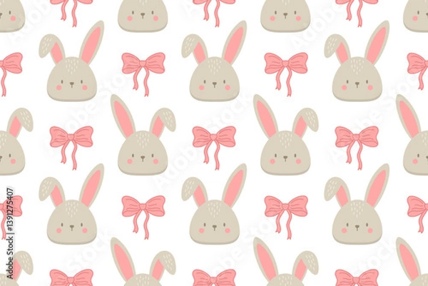 Fototapeta eamless Easter pattern with cute bunny faces and pink bows on white background. Perfect for baby textiles, nursery decor, and holiday-themed designs