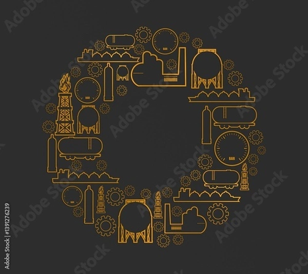 Fototapeta Energy and power icons set. Design concept of natural gas industry. Circle with industrial line icons. . 3D render