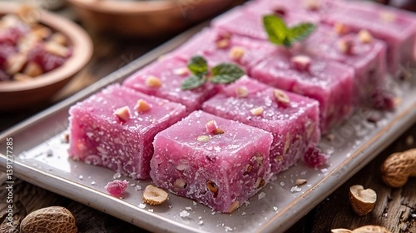Fototapeta Georgian churchkhela grape juice nut candy sliced on a clean white ceramic tray
