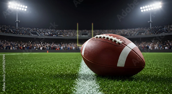 Obraz A close-up view of an American football resting on lush green turf, with the stadium lights illuminating the scene and a packed crowd in the background