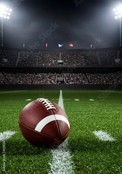 Fototapeta A close-up view of an American football resting on lush green turf, with the stadium lights illuminating the scene and a packed crowd in the background
