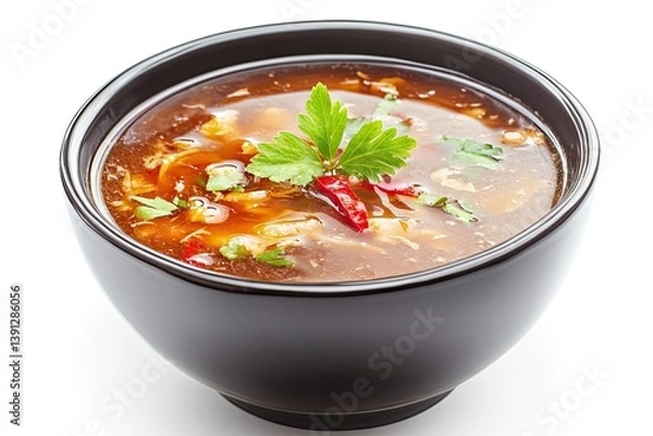 Fototapeta A realistic photo of Hot and Sour Soup, hyper-realistic, isolated on white