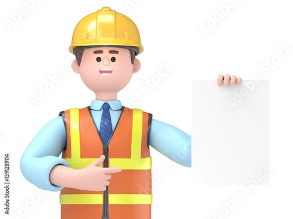 Fototapeta 3D illustration of male engineer Owen holding white blank board. Transparent Background Mockup.Supports PNG files with transparent backgrounds.