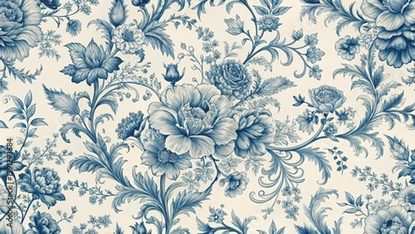 Fototapeta Elegant and sophisticated vintage French floral toile blue pattern with intricate floral motifs and delicate scrollwork, floral