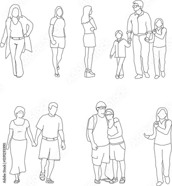 Fototapeta silhouette design vector illustration sketch of a group of people with all their activities 