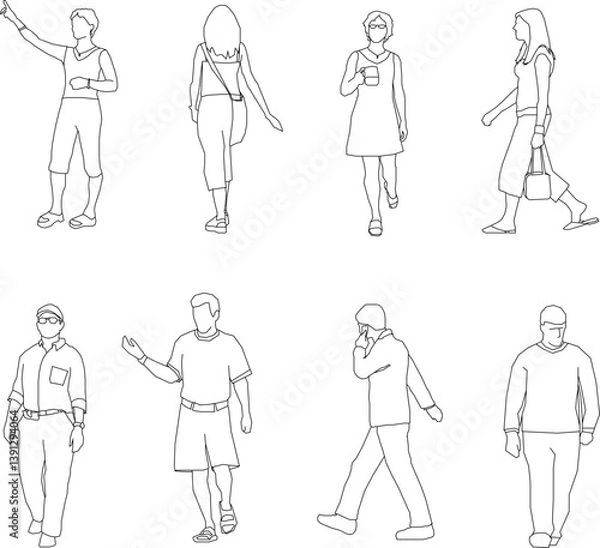 Fototapeta silhouette design vector illustration sketch of a group of people with all their activities 