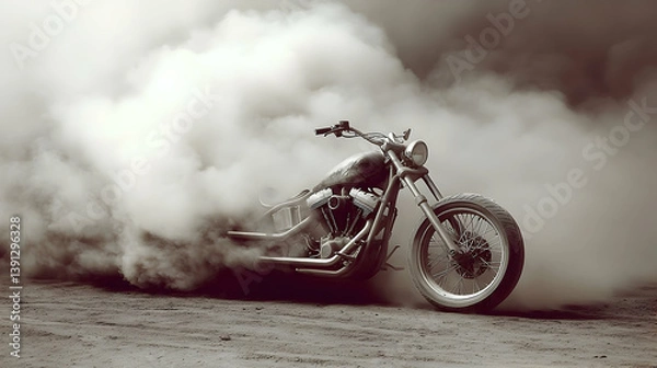 Fototapeta A motorcycle doing a burnout creating a large cloud of smoke