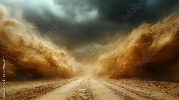 Fototapeta A dramatic dust storm engulfs a desert road with a dark sky