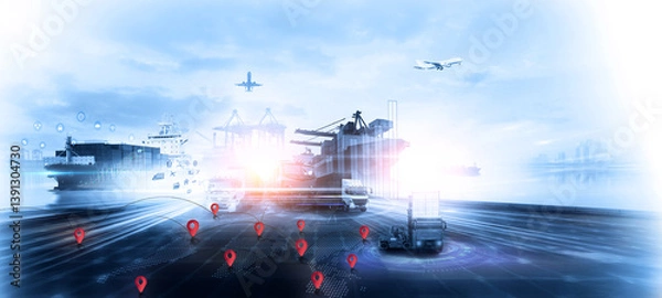 Fototapeta World map with logistic network distribution on background. Logistic and transport concept in front Logistics Industrial Container Cargo freight ship for Concept of fast or instant shippin