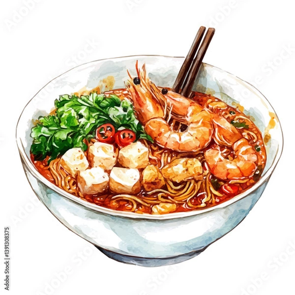 Obraz Hokkien Mee, watercolor illustration, isolated on a white background.

