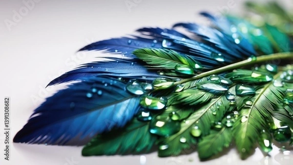 Obraz Close-up of vibrant teal and green feathers with intricate barbs and iridescent highlights, showcasing delicate textures and shimmering patterns