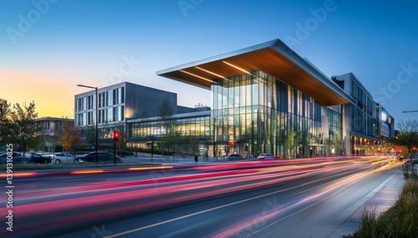 Fototapeta Modern architectural complex at dawn, with a busy street