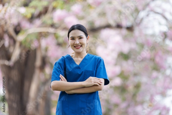 Fototapeta A confident nurse in blue scrubs stands with folded arms in front of blooming trees, smiling warmly. The image reflects strength, professionalism, and calm dedication in a peaceful spring setting.