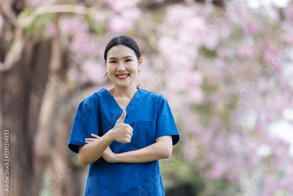 Fototapeta A smiling nurse in blue scrubs gives a thumbs-up gesture while standing in a park filled with blooming trees. The image symbolizes approval, confidence, positivity, and dedication in healthcare.