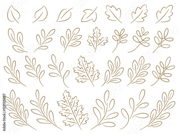 Obraz 色々な葉っぱと枝の手描き風線画イラストセット