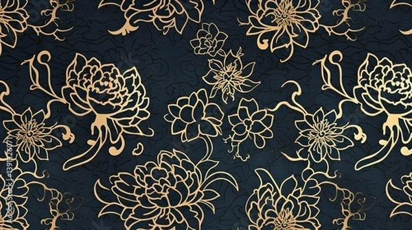 Fototapeta An intricate gold floral pattern on a black background, offering a touch of elegance and luxury for fashion and interior design projects