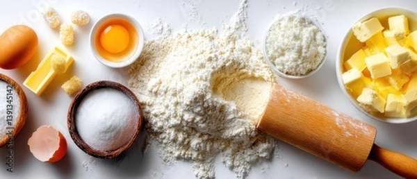 Fototapeta Overhead shot of baking ingredients flour butter sugar egg yolk and rolling pin on white background for a delicious cake