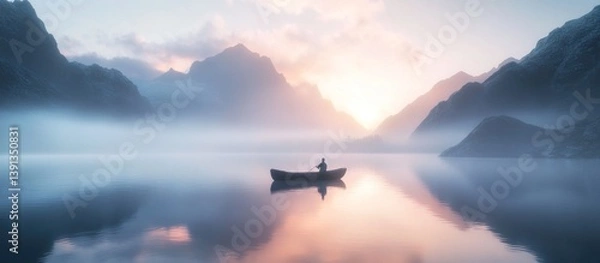 Obraz Solo dawn boat serene mountain lake mist