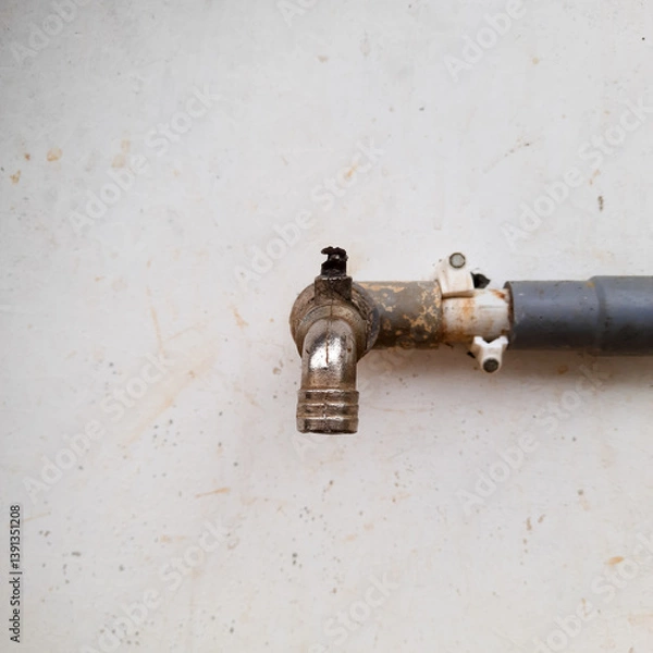Fototapeta An old water faucet with a worn surface and slight damage bearing the marks of long-term use and outdoor elements