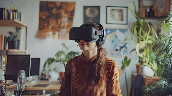 Fototapeta Virtual reality experience home office digital content creative environment front view immersive technology