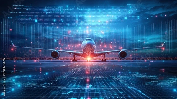 Obraz Futuristic Airplane with Technology and Data Visualization Background