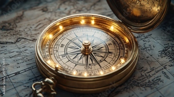 Fototapeta Antique Compass atop a Map: Symbol of Discovery and Exploration's Golden Age