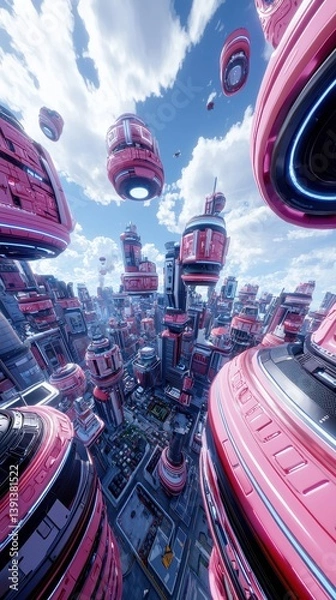 Obraz Futuristic Cityscape with Floating Pink Structures and Blue Sky