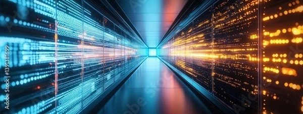 Fototapeta Futuristic Technology Corridor with Data Streams in Blue and Orange