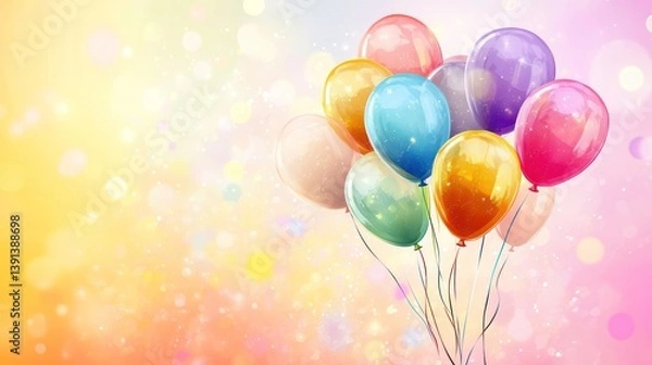Fototapeta Colorful balloons float, pastel bokeh background, celebration, party invitation