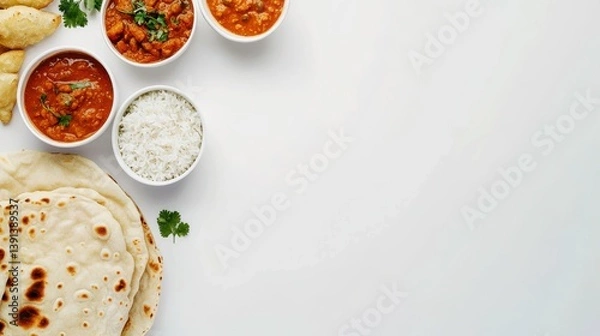 Fototapeta A Culinary Palette: An overhead shot displaying a curated assortment of Indian delicacies. Offering a glimpse into a gastronomic journey, ready to be devoured